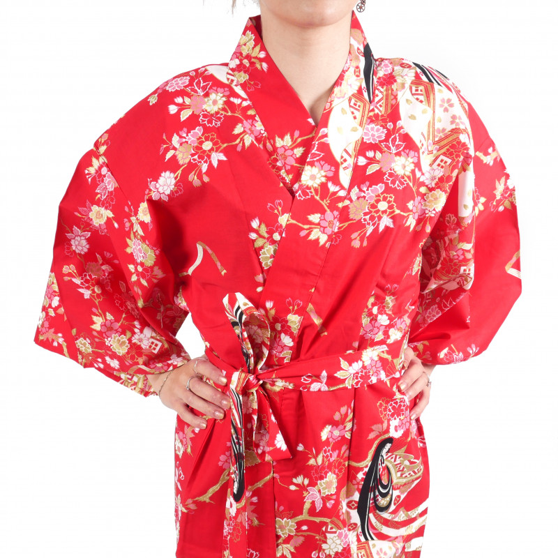 Happi traditioneller japanischer Kimono aus roter Baumwollkirsche für Frauen