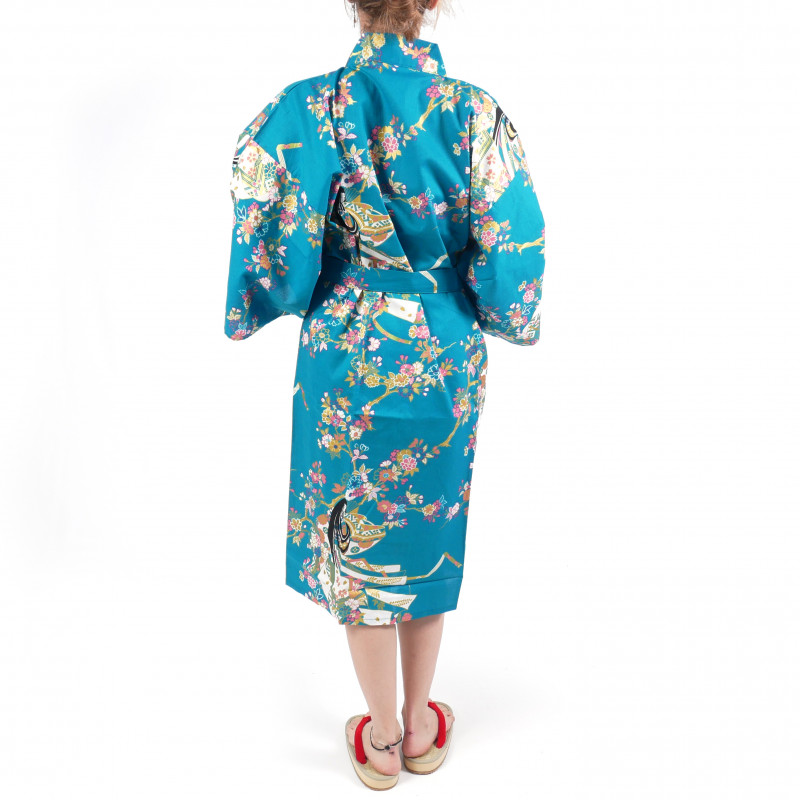 Happi traditioneller japanischer türkisfarbener Baumwollkirschprinzessin-Kimono für Frauen