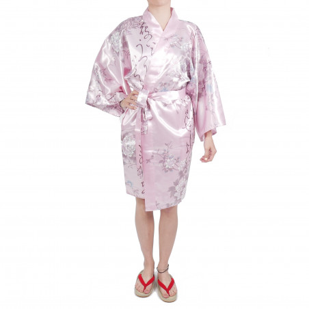 Hanten traditioneller japanischer rosa Kimono in Satin Poesie und Blumen für Frau