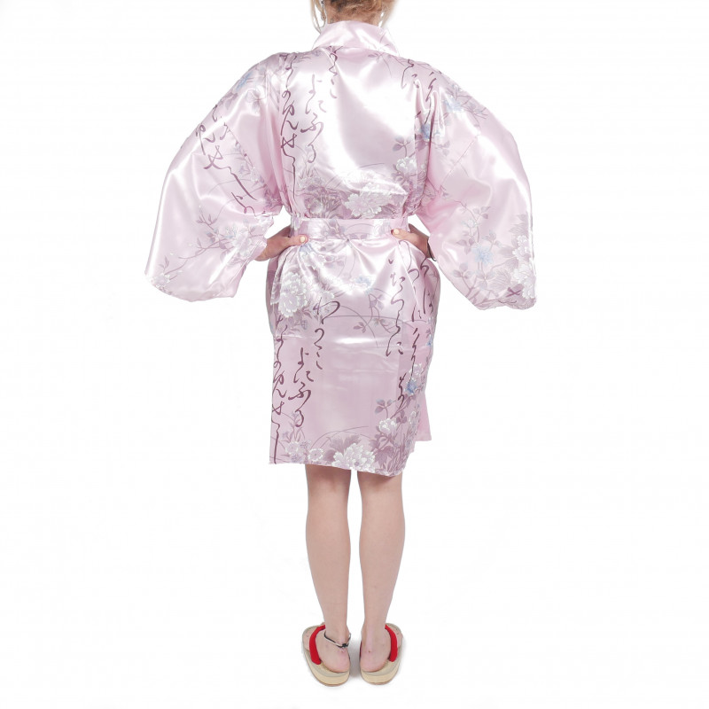 Hanten traditioneller japanischer rosa Kimono in Satin Poesie und Blumen für Frau