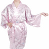 Hanten traditioneller japanischer rosa Kimono in Satin Poesie und Blumen für Frau