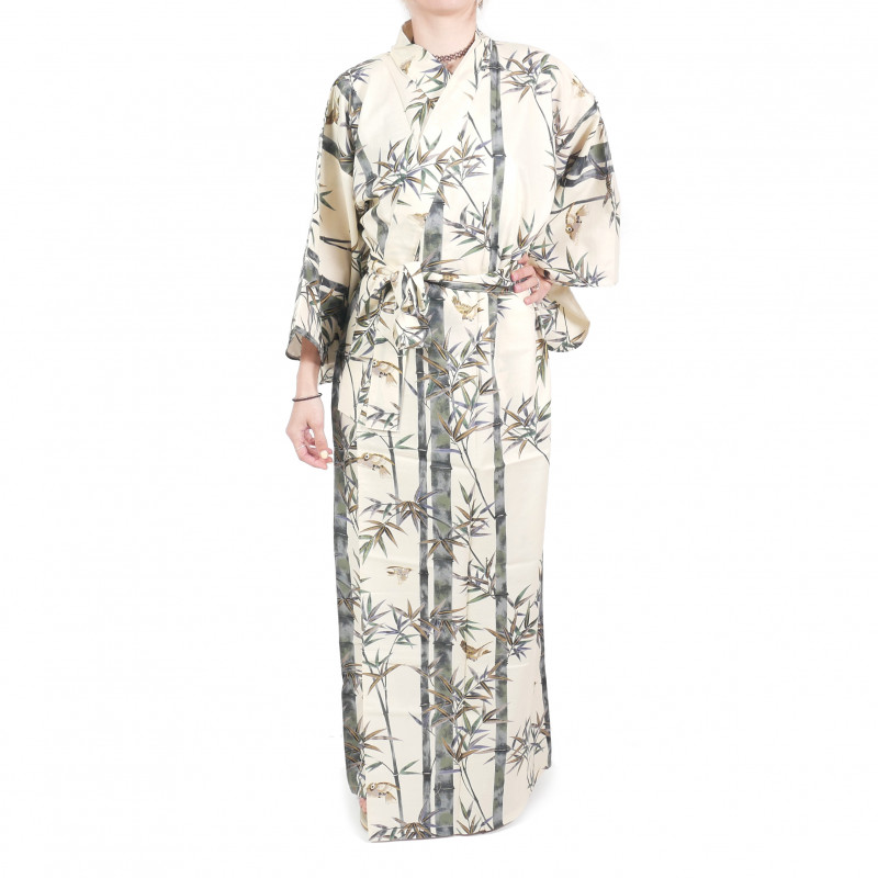 Japanese traditional white cotton yukata kimono bamboo and sparrow for women