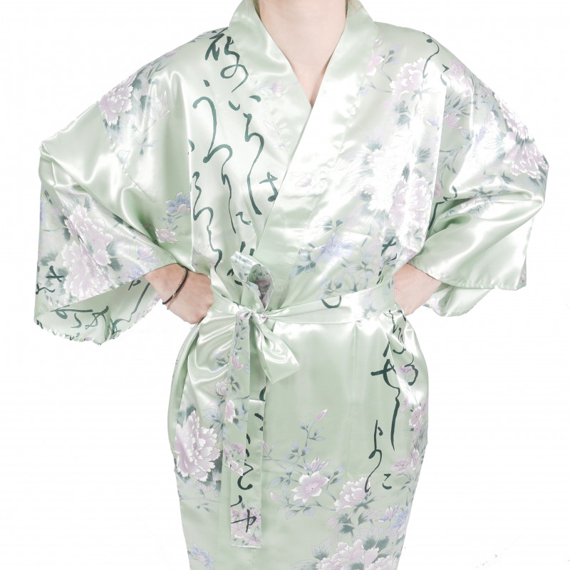 hanten traditioneller japanischer türkisfarbener Kimono in Satinpoesie und Blumen für Frau