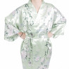 hanten traditional japanese turquoise kimono in satin poetry and flowers for woman
