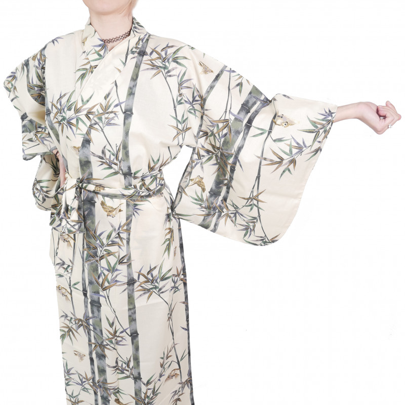 Kimono yukata de algodón blanco tradicional japonés de bambú y gorrión para mujer