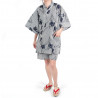 Strisce kimono jinbei di cotone grigio blu tradizionale giapponese e fiori di iris per donna