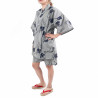 Strisce kimono jinbei di cotone grigio blu tradizionale giapponese e fiori di iris per donna