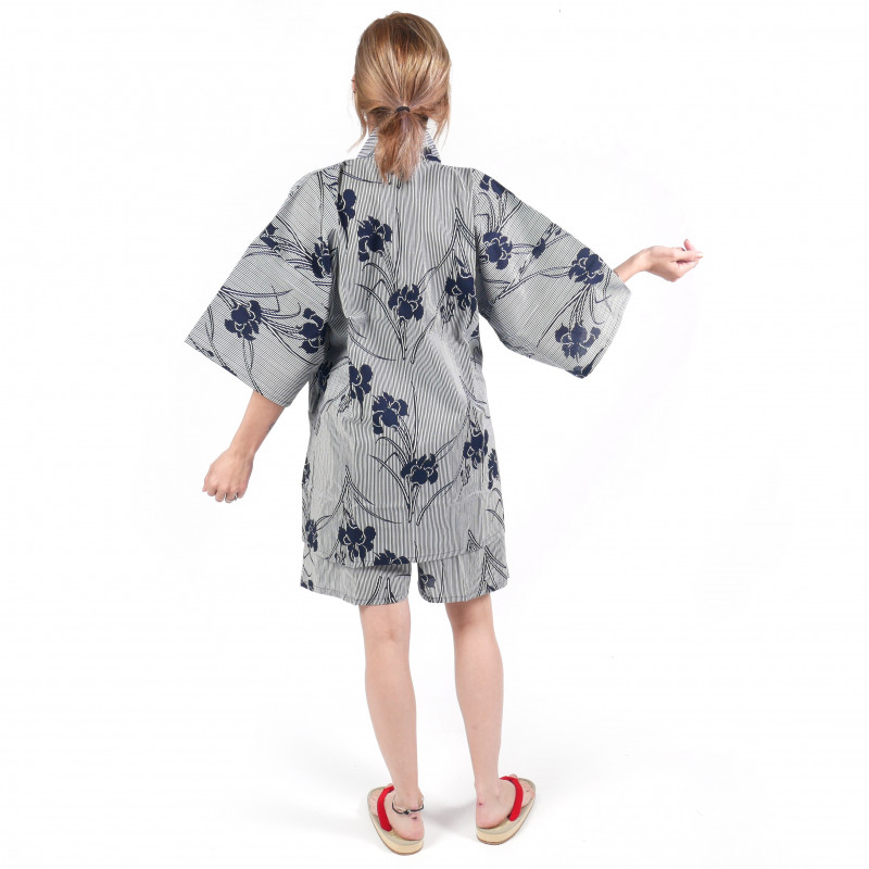 Strisce kimono jinbei di cotone grigio blu tradizionale giapponese e fiori di iris per donna