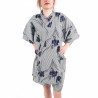 Strisce kimono jinbei di cotone grigio blu tradizionale giapponese e fiori di iris per donna