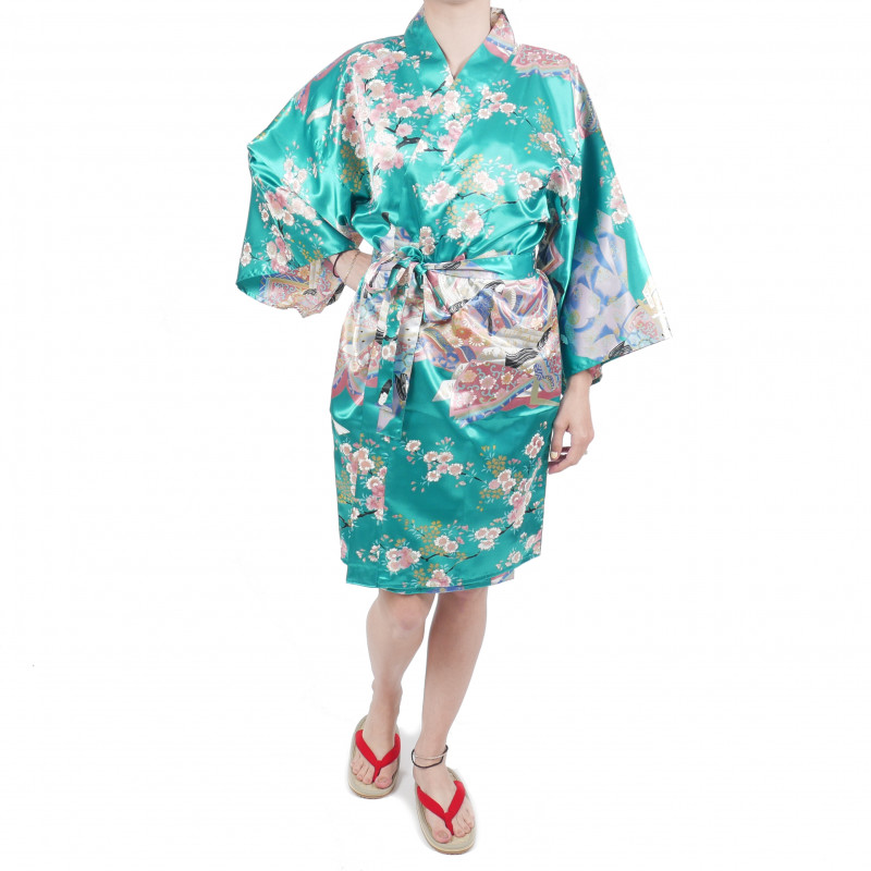 Hanten traditioneller japanischer türkisfarbener Kimono in der Polyester-Dynastie unter der Kirschblüte für Frauen