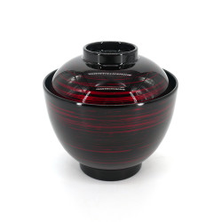 Lacquered miso soup bowl with red lines lid, AKAI AME, black and red