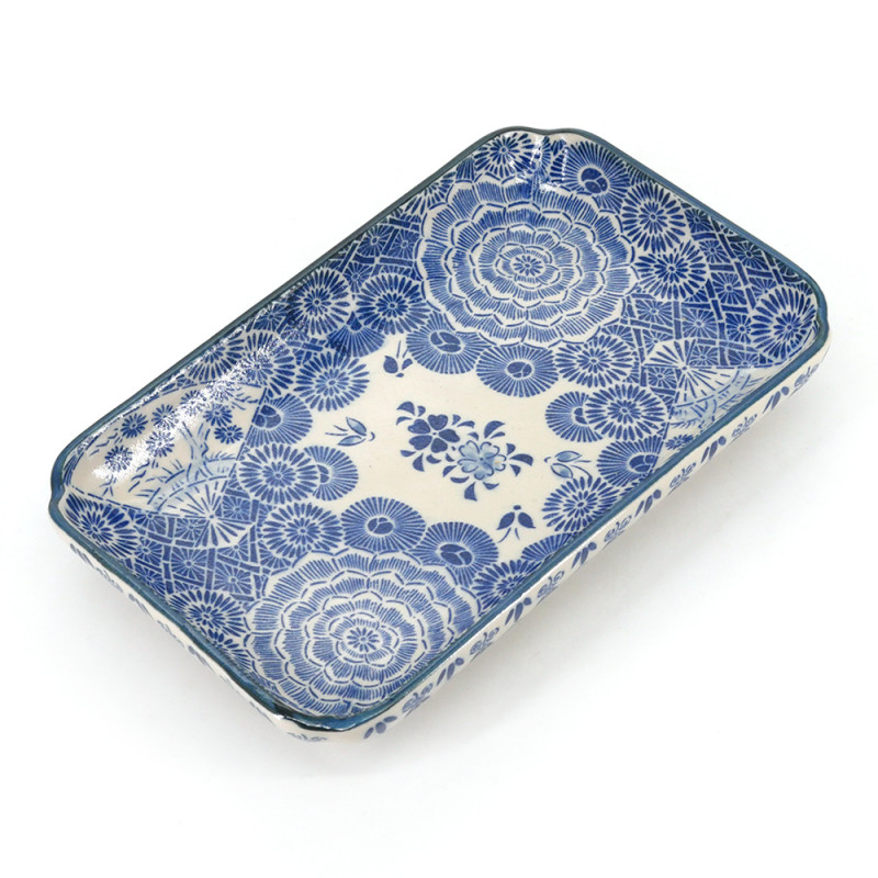 Piatto in ceramica rettangolare blu giapponese - HANA KARAKUSA