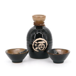 Sake-Set, 1 Flasche und 2 Tassen, TENMOKU, schwarz und Kanji