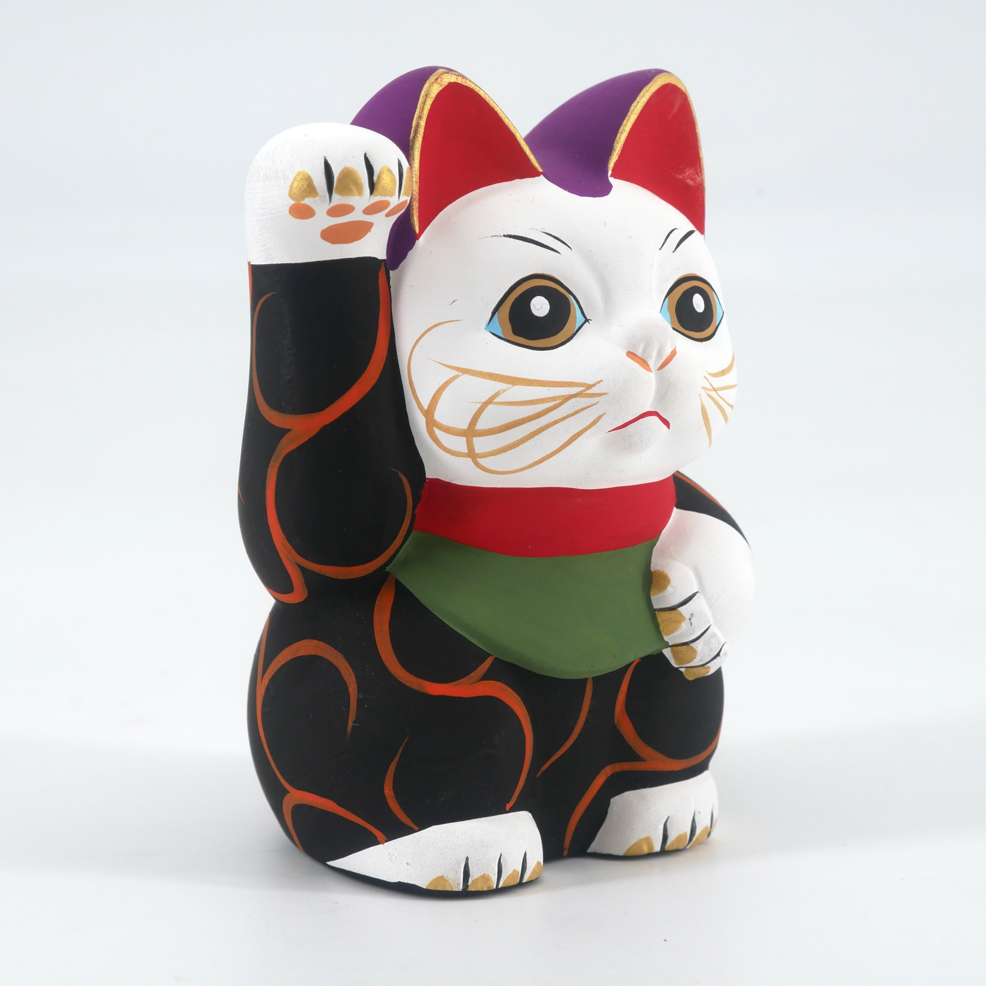 Chat Porte Bonheur Japonais Manekineko Kuro Karakusa Noir Et Arabesques