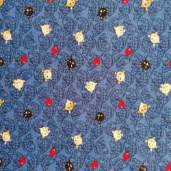 Japanese blue cotton fabric, NEKO Doku cat and fish patterns