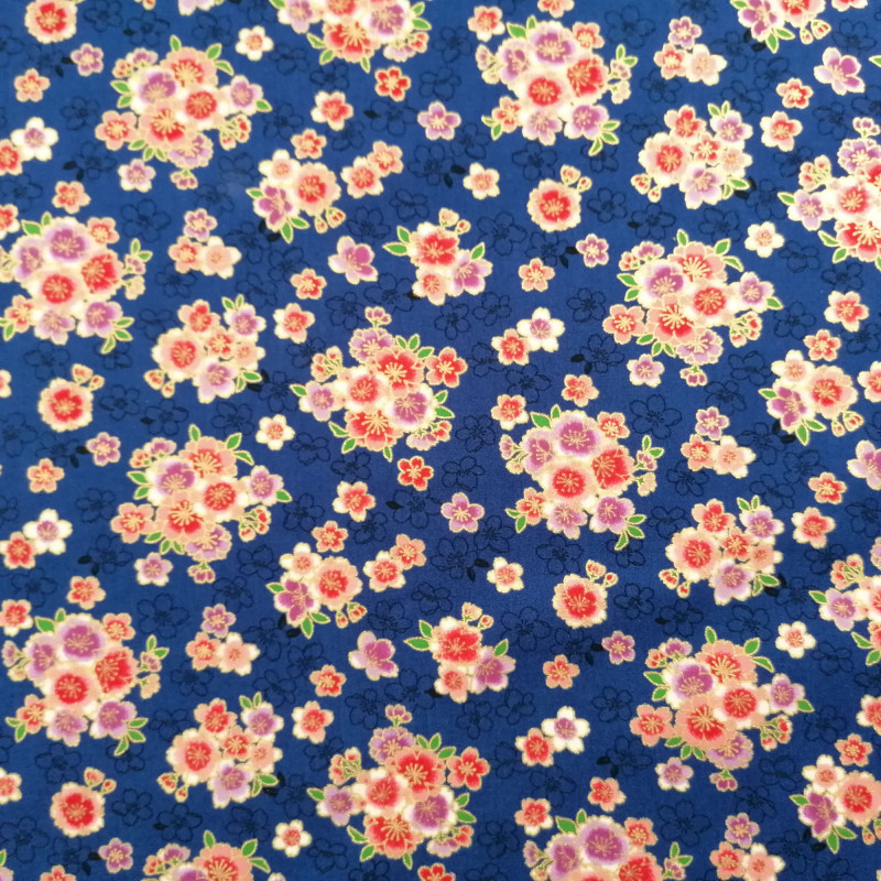 Japanese blue cotton fabric, sakura patterns, cherry blossoms