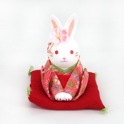 White ceramic rabbit ornament, HANAUSAGI OJIGI, red kimono