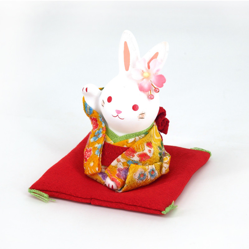 Ceramic rabbit ornament, The HANAUSAGI rabbit, yellow kimono