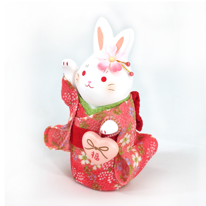 Ornement lapin blanc en céramique, HANAUSAGI FUKU, kimono rose