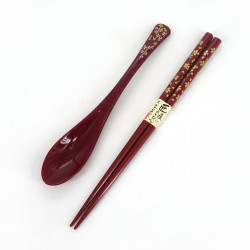 Matching pair of wooden chopsticks and red resin spoon, SAKURA