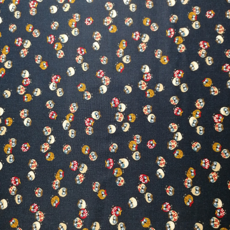Japanese blue cotton fabric with owl motif, FUKURO, made in Japan width 112 cm x 1m