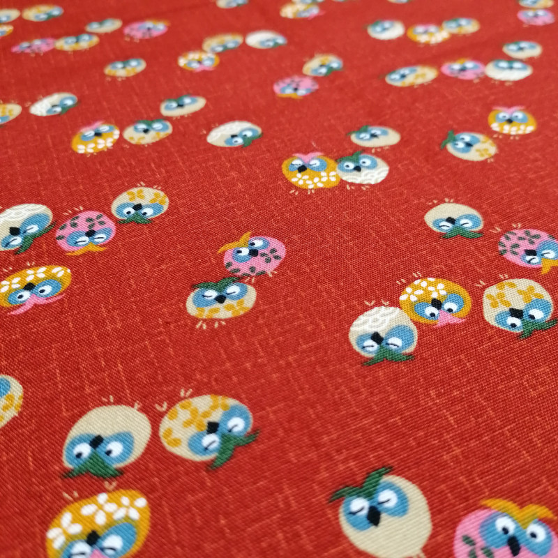 Japanese red cotton fabric with owl motif, FUKURO, made in Japan width 112 cm x 1m