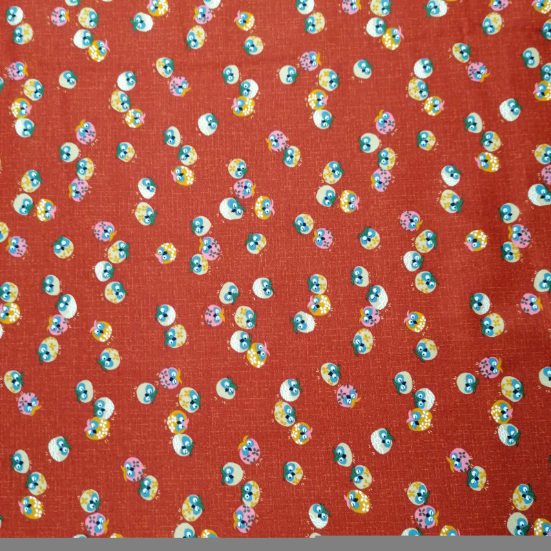 Japanese red cotton fabric with owl motif, FUKURO, made in Japan width 112 cm x 1m