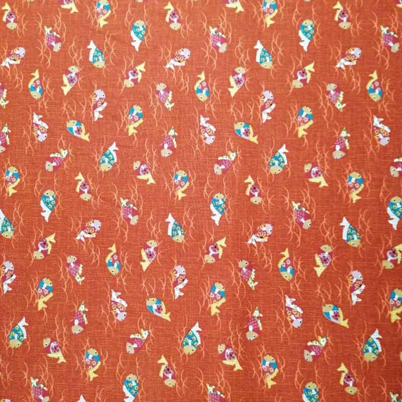 Tissu rouge japonais en coton motif poisson, KINGYO, fabriqué au Japon largeur 112 cm x 1m