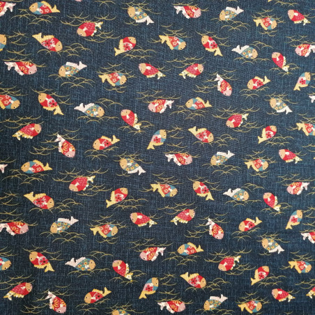 Japanese blue cotton fabric with fish motif, KINGYO, made in Japan width 112 cm x 1m