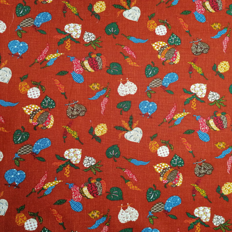 Japanese red cotton fabric with vegetable motif, YASAI, made in Japan width 112 cm x 1m