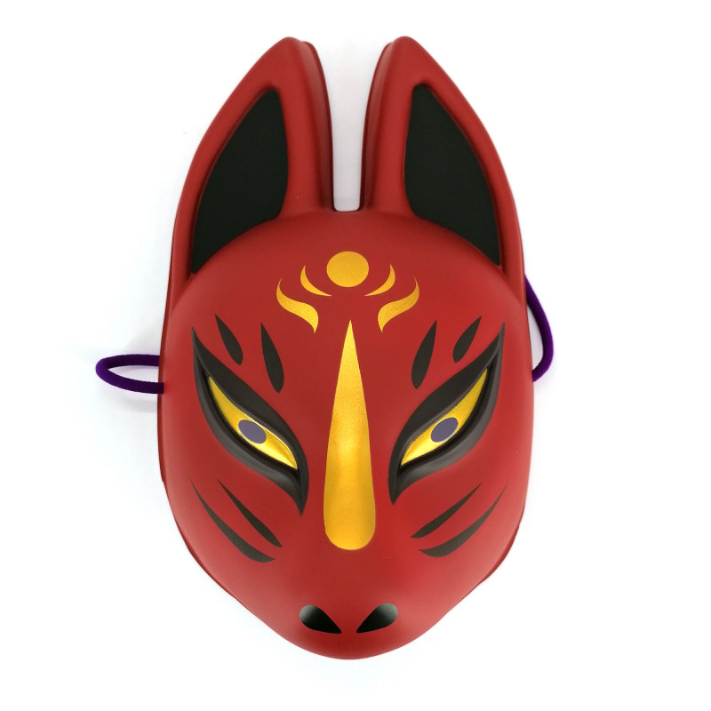 Masque de renard japonais traditionnel, KITSUNE, rouge et doré