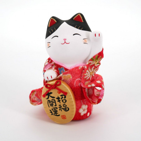 Gatto manekineko in ceramica rosa, KIMONO SHOFUKU, zampa sinistra