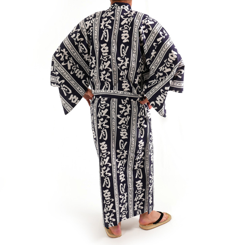 kimono yukata traditionnel japonais bleu en coton kanji lune d'automne pour homme