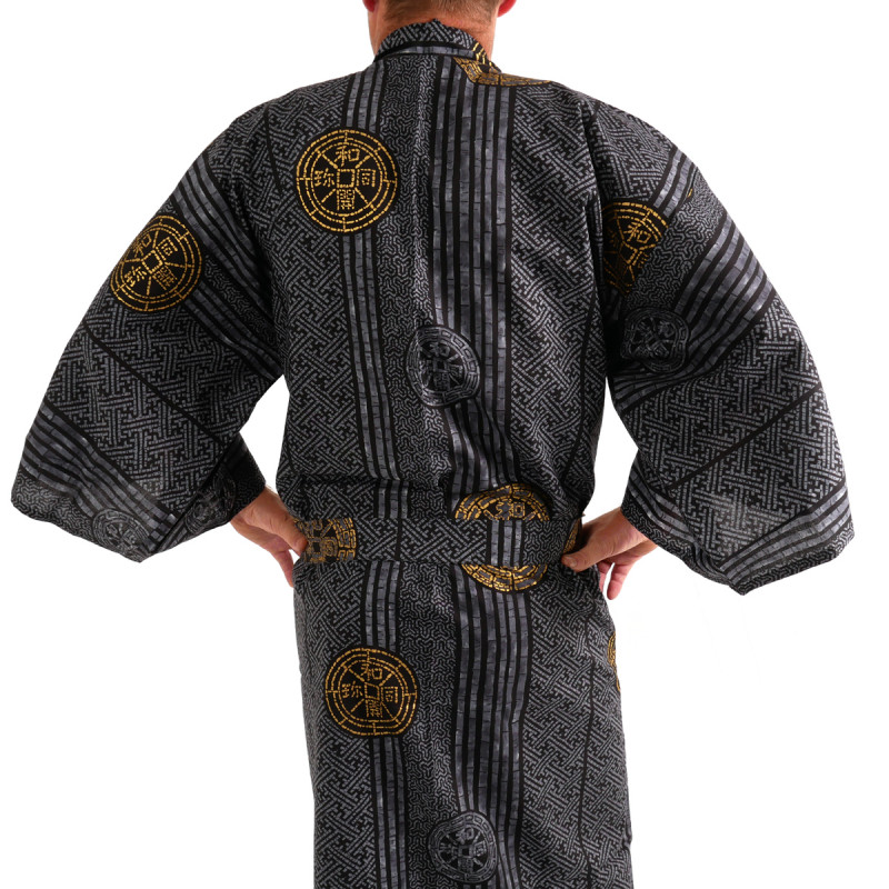 Japanese traditional black cotton yukata kimono ancient coins for men