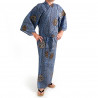 Japanese traditional blue cotton yukata kimono ancient coins for men
