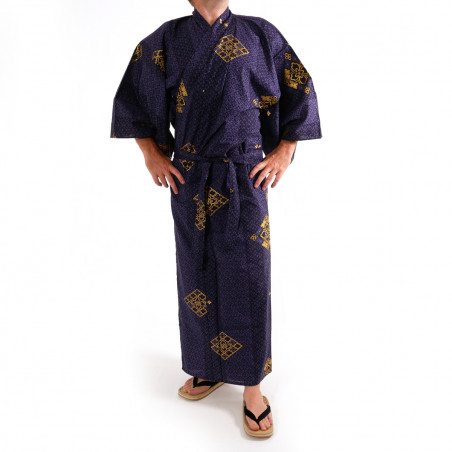 Japanese traditional blue cotton yukata kimono gold diamond for men