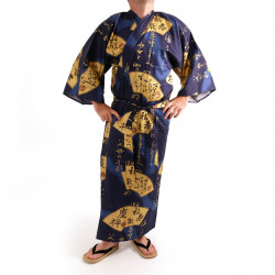 Kimono blu giapponese per uomini, SENSU, fan d'oro