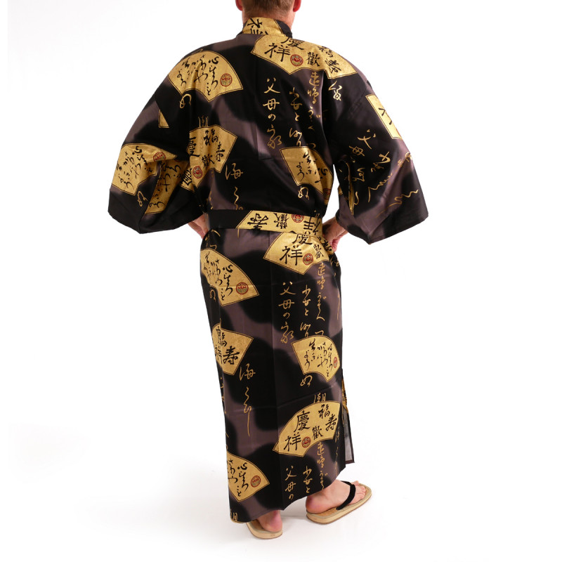 Japanese traditional black kimono in cotton sateen gold folding fans for men