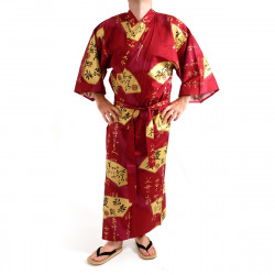 Japanese traditional red kimono in cotton sateen gold folding fans for men