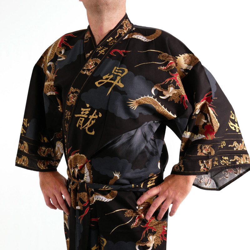 Kimono yukata japonés en algodón negro, FUJIRYÛ, dragón y monte fuji