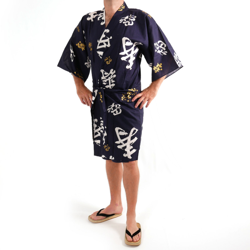 Japanese traditional blue navy cotton happi coat kimono happy longevity kanji for men