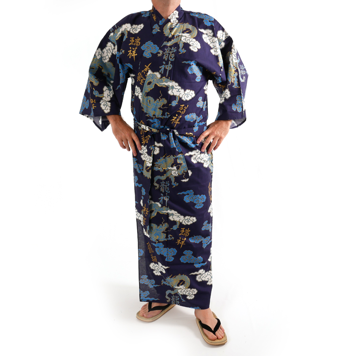 Kimono negro japonés para hombre en algodón., KAMIKAZE, kanji