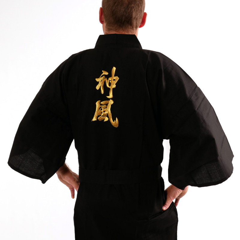 japanischer Herren happi Kimono - schwarz, KAMIKAZE, Kanji goldene Kamikaze