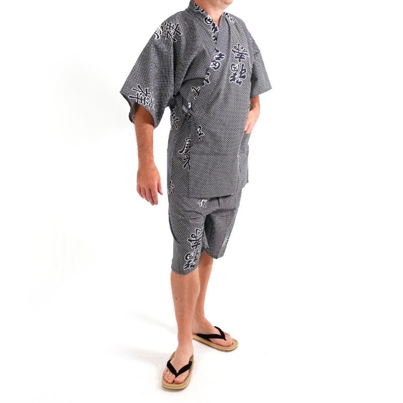 Japanese traditional blue grey cotton kimono jinbei joyous and good omen kanji for men