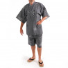 Kimono jinbei de algodón azul gris, KANJI, kanji alegría y auspicioso