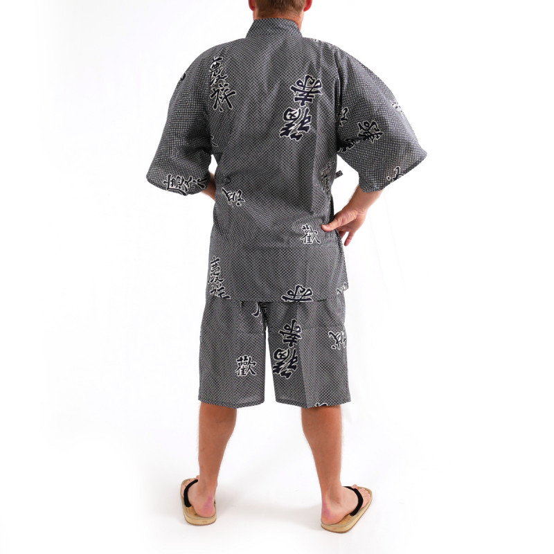 kimono jinbei traditionnel japonais bleu gris en coton kanji joie et bon augure pour homme