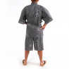 Kimono jinbei de algodón azul gris, KANJI, kanji alegría y auspicioso