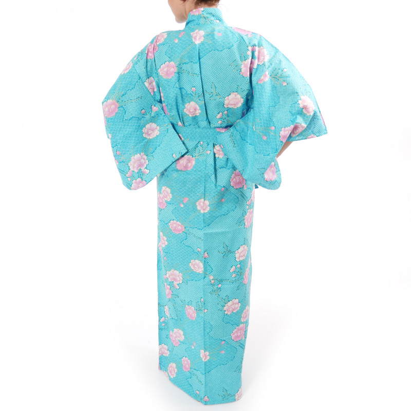 yukata japonés kimono turquesa algodón, SAKURAGUMO, flores de cerezo y nubes