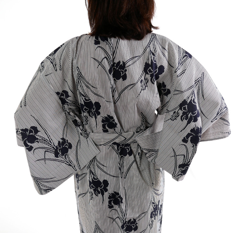 japanische Yukata Kimono blau graue Baumwolle, SHIBORI, Streifen und Iris Blumen