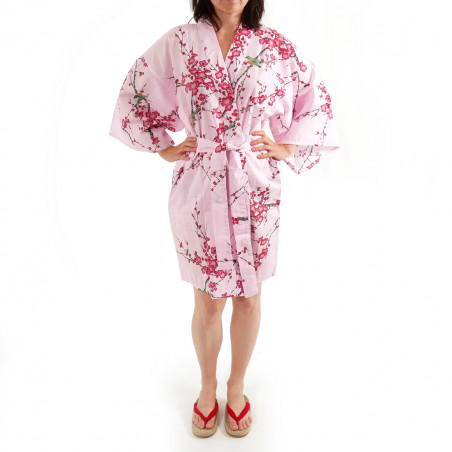 hanten kimono japonés algodón rosa, TORIUME, flor de ave y ciruelo